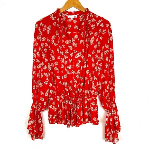 Derek Lam Flutter Cuff Tie Waist Red Floral Blouse size 6 - Picture 4 of 7